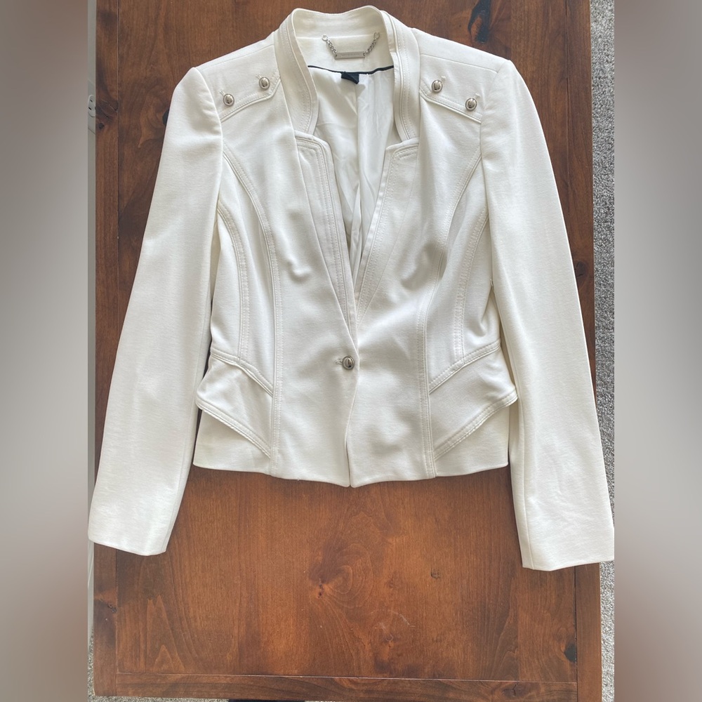 WHBM tailored fit cream military-style blazer silver button stretch lined knit 8